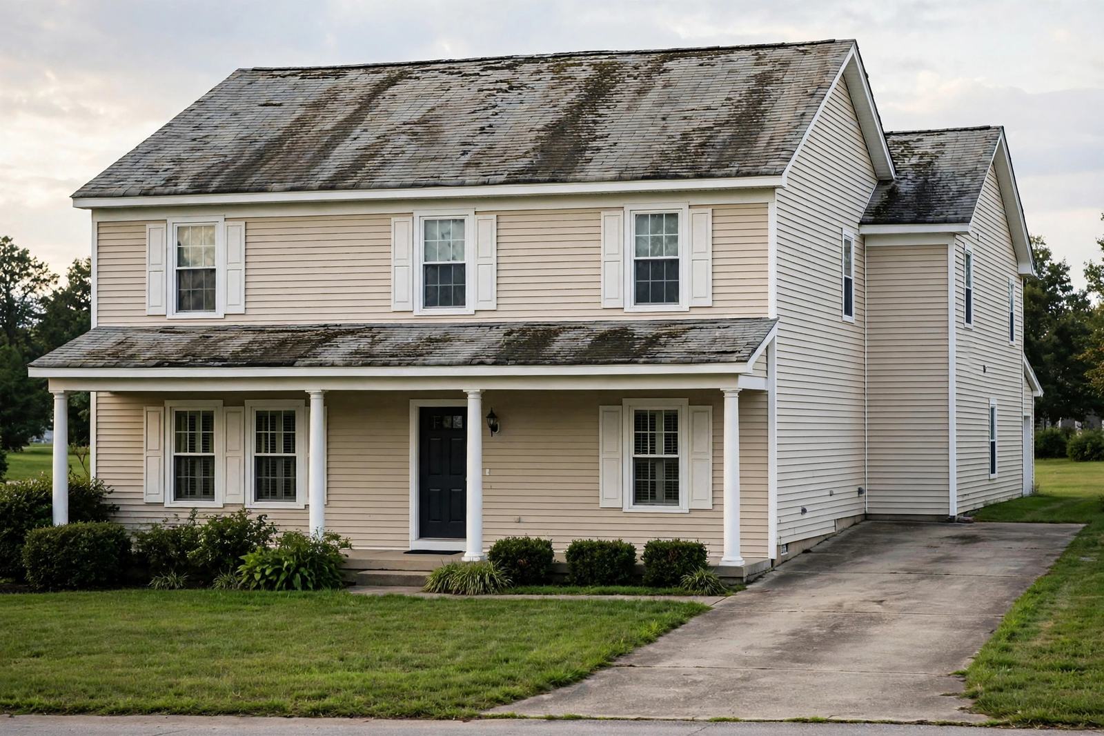 A house with a worn, streaked, aging asphalt shingle roof